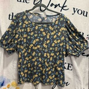 Lauren Conrad Lemon Print Short Balloon Sleeve Gray Top Size XL